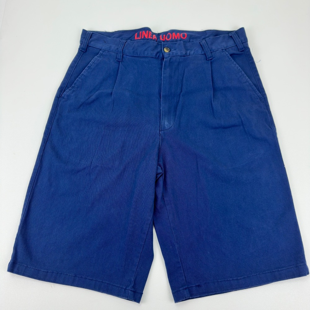 Linea Uomo Mens Blue Pleated Chino Shorts W36 Cotton Spandex Stretch Navy Blue